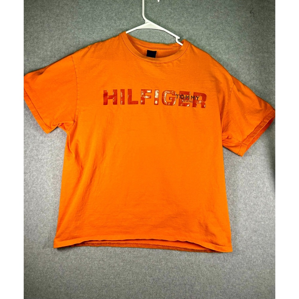 Vintage Tommy Hilfiger Jeans T-Shirt Mens Large Orange Spellout Graphic Casual